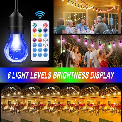Auroraworld Outdoor Patio Lights Color Changing, 144FT RGB LED String Lights with E26 Shatterproof Edison Bulbs, Dimmable Patio String Lights for Bistro Backyard Garden, 1 Remote Controllers