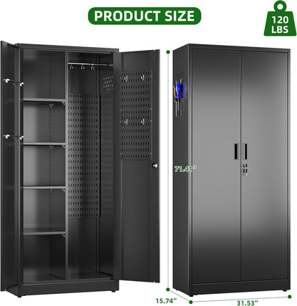 Broom Closet Storage Cabinet with 5 Pegboard, Hanging Rod &13 Hooks, Utility Metal Garage Storage Cabinets with Doors and 4 Shelves for Garage Home Office, Black,71.4" H x 31.5" W x 15.7" D