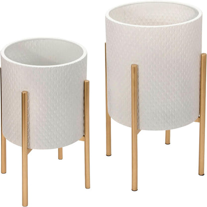 Set of 2 Metal Decorative Planter Pot with Gold Stand – Outdoor & Indoor Plant Pot with Embossed Textured Finish – Modern Garden & Home Decor Iron Planters – 23" & 19", White