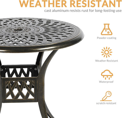 3-Piece Outdoor Patio Dining Set, All-Weather Cast Aluminum Patio Furniture Set for Backyard Garden Deck with 2 Cushioned Chairs and 31” Round Table, 2" Umbrella Hole, Ocean Blue