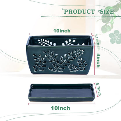 Ceramic Orchid Pot, 10 Inch Rectangular Orchid Pots with Holes, Premium Thickened Handmade Glazed Pot for Orchidaceae Plants, Indoor Outdoor Decorative Flower Pot for Easy Repotting