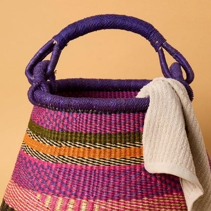 Home & Kitchen Decor, Wicker Basket, Picnic Basket, Living Room Basket, Organizing, Harvesting, Foraging, Fruit Storage, Hand Woven, Pot Shape, 16" Wide, Boho - Pink Purple