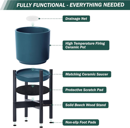 D'vine Dev Ceramic Planter with Ebony Stand - 12 Inch Modern Round Flower Pot with Wood Planter Holder, Teal, 55-B-H-4
