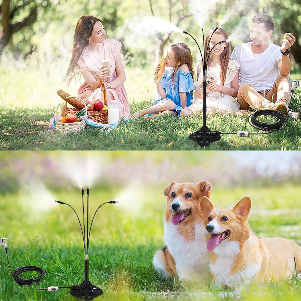 UR FOREST Updated Standing Misting Cooling System 26.2FT (8M) Misting Line + 4 Brass Misting Nozzles,2 Height Option, Stand Mister Hose for Outside Outdoor Patio, Pet Cooling, Kids Water Playing-BLACK