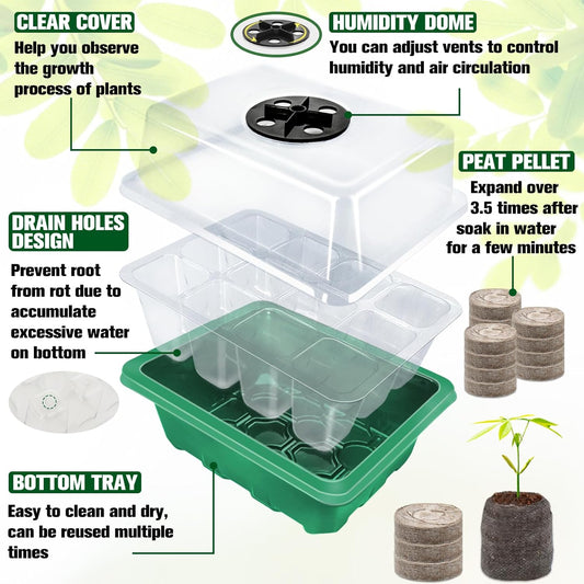 Halatool 8 Pack Seed Starter Tray with 100 PCS Peat Pellets, 96 Cells Green Plant Germination Trays for Organic Seed Starter Soil Pods for Planting Vegetables Plants Flowers Herbs - Starting Seeds Kit
