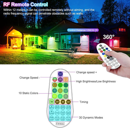 CLY Solar 6 in 1 RGB Spotlights Outdoor Garden, 10 Colors 12 Modes Solar Garden Floodlight Landscape Spotlights IP66 Waterproof 59.06ft Cable Spike Light for Lawn, Patio, Balcony
