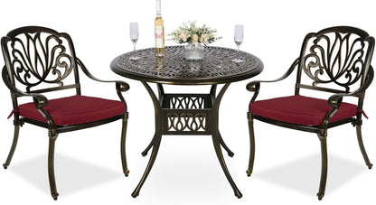 MEETWARM 3 Piece Patio Bistro Set, Outdoor All-Weather Cast Aluminum Dining Furniture Set Includes 2 Cushioned Chairs and a 35.4” Round Table with Umbrella Hole for Garden Deck, Chili Red
