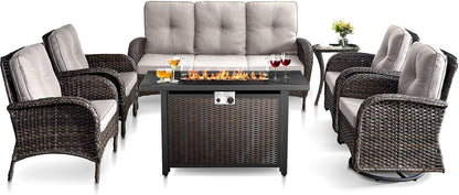 HUMMUH 7 Piece Patio Furniture Set with Fire Pit Table,Wicker Patio Swivel Rocker Outdoor Chairs 3-Seat Sofa for Porch,Poolside,Deck