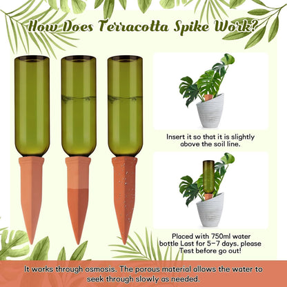 3 Sets Plant Watering Devices Include Terracotta Self Watering Spikes and 26 oz Plastic Bottles, Slow Release Vacation Insert Automatic Plant Waterer Device (Green and Terracotta)