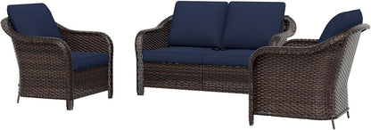3 Piece Patio Wicker Conversation Set, All-Weather Use Outdoor Wicker Loveseat with 2 PE Rattan Chair, Ideal for Porch, Backyard, Balcony, Poolside, Blue