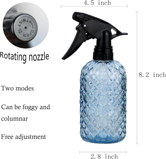 Glass Handheld Spray Bottle - 12oz Refillable Bottle ，Adjustable Nozzle Watering Can for Garden Plants Cleaning Solutions (Blue)