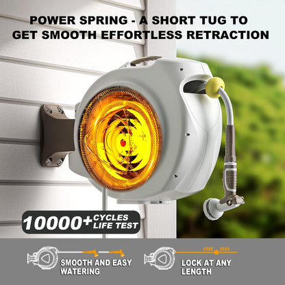 Retractable Garden Hose Reel, 1/2 in 120+6 ft, Heavy Duty Wall Mounted Water Hose Reel, Spring Power Automatic Rewind, Any Length Lock, 180° Swivel Bracket, 10 Pattern Spray Nozzle