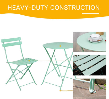 Grand patio 3-Piece Steel Foldable Bistro Set, 2 Chairs and 1 Table, Weather-Resistant Outdoor/Indoor Conversation Set for Patio, Yard, Garden-Macaron Blue