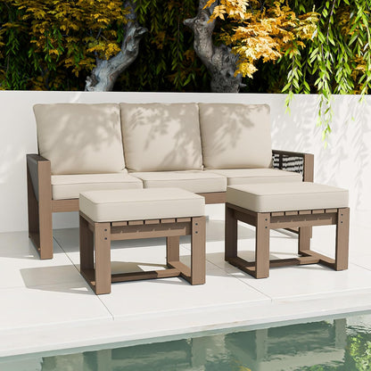 EAGLE PEAK Natural Wood Outdoor Patio Furniture, Cedar Furniture, Conversation Set, Outdoor Seating for Deck Patio Porch, Sofa & Ottomans, 3 Pieces, Brown/Beige