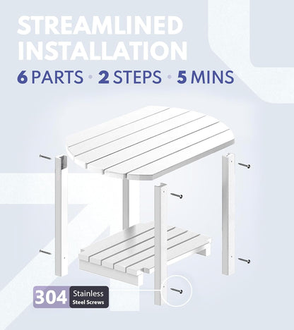 PASAMIC Outdoor Side Table, HDPE Adirondack Oval Side Table with 2-Tier Storage, Weather Resistant Outdoor End Table for Patio, Backyard, Pool, Indoor Companion, Beach, Easy Maintenance Table (White)
