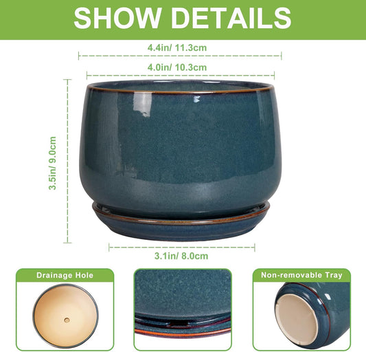 G EPGardening Ceramic Pots for Plants - 4 inch Plant Pots for Indoor Outdoor, Small Planter with Drainage Hole & Tray, Modern Succulent Pots, Round Planter, Office Decor, Home Gifts, Retro Blue