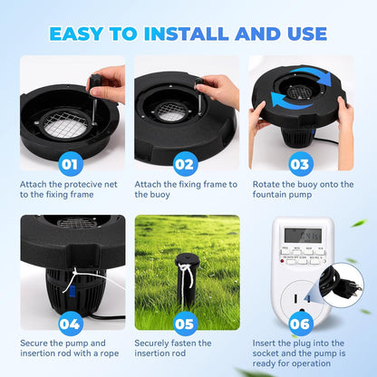 Poafamx Pond Fountain Aerator, 5000GPH Floating Fountain Pump for Large Pond, 33FT Power Cord Pond Aerator with Mooring Kit and Outlet Timer 110V for Pond Pool Lake Aquascape Oxygenation