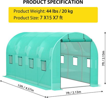 Compact Greenhouse Kit 7'x15'x7' with Galvanized Frame, 140G Green PE Cover, 1 Door & 8 Windows for Outdoor Gardening
