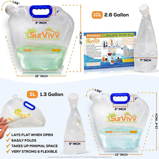 Premium Collapsible Water Container Bag, No-Leak, Freezable, Odorless, Flat Folding, BPA Free Food Grade Clear Plastic Storage bottle for Sports Outdoors Camping Hiking Backpack 1.3/2.6 Gallon