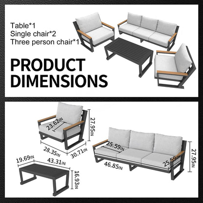Aluminum Outdoor Sofa,4 Seats Modern Patio Furniture Set,Sectional Sofa Conversation Set with Coffee Table, Upgraded Washable Cushions for Garden Backyard,Grey