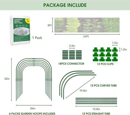 Garden Mesh Netting Kit - 8x24 Ft Ultra Fine Mesh Netting with 6 Sets Garden Hoops & 12 Clips, Bird Protection for Fruit, Vegetable, Flowers & Animals, Greenhouse Cover