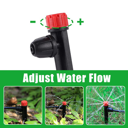 Drip Irrigation Emitters Adjustable 360 Degree Drip Emitters on 5" with Stake for 1/4" Drip Irrigation Tubing Irrigation Drippers for Garden Watering System. (50pcs-Red Drip)