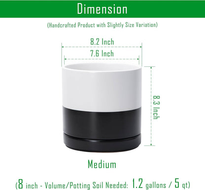 D'vine Dev 8.2 Inch Ceramic Planter Pot with Drainage Hole and Saucer, Indoor Cylinder Round Planter Pot, Layered Monochrome Black & White, 94-O-D-L