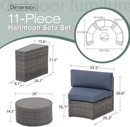 SUNSITT Outdoor Patio Furniture 11-Piece Half-Moon Sectional Round Patio Furniture Set Curved Outdoor Sofa with Tempered Glass Round Coffee Table, 4 Pillows, Grey Rattan & Denim Blue Cushion