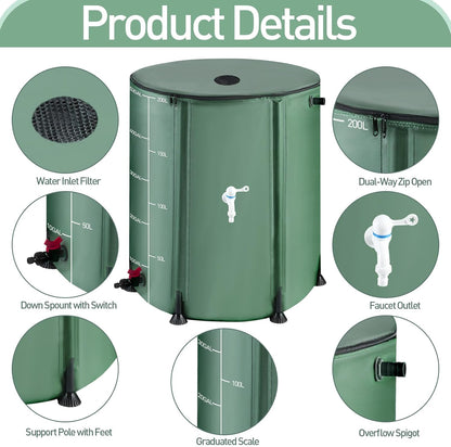 53 Gallon Collapsible Rain Barrel with Zipper Open and 12 Poles, 200L Protable Rainwater Collection System Kit with 1 Spigot and 2 Overflow, 1000D Oxford Rain Catcher Barrel for Outdoor Garden Camping