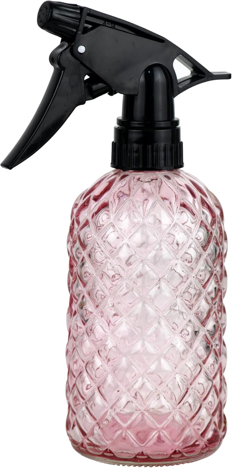 Glass Handheld Spray Bottle - 12oz Refillable Bottle ，Adjustable Nozzle Watering Can for Garden Plants Cleaning Solutions (Pink)