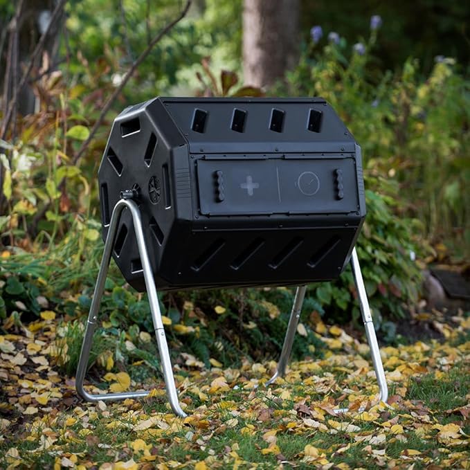 FCMP Outdoor IM4000 Dual Chamber Tumbling Composter Canadian-Made, 100% Recycled Resin - Outdoor Rotating Compost Tumbler Bin for Garden, Kitchen, and Yard Waste, Black (37 Gallon)