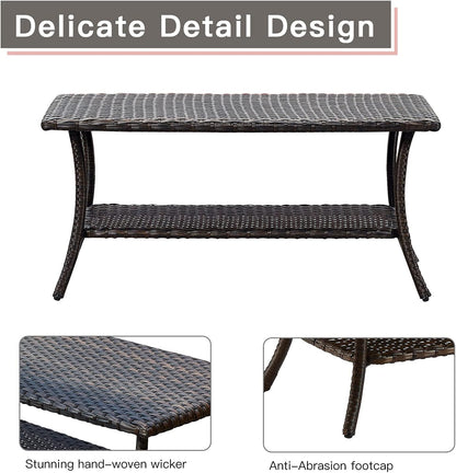 Patio Tables Outdoor Coffee Table - Wicker Rattan Coffee Tables with 2-Tier Storage Shelf Side Table for Porch Deck Balcony Garden Outside Rectangle Brown