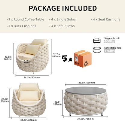 TWT 5-Piece Aluminum Patio Furniture Set, Olefin Armchairs with Coffee Table, Metal Sofa Set for Deck, Porch, Balcony, Indoor, Cream