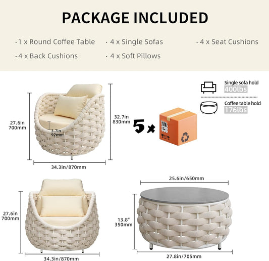 TWT 5-Piece Aluminum Patio Furniture Set, Olefin Armchairs with Coffee Table, Metal Sofa Set for Deck, Porch, Balcony, Indoor, Cream