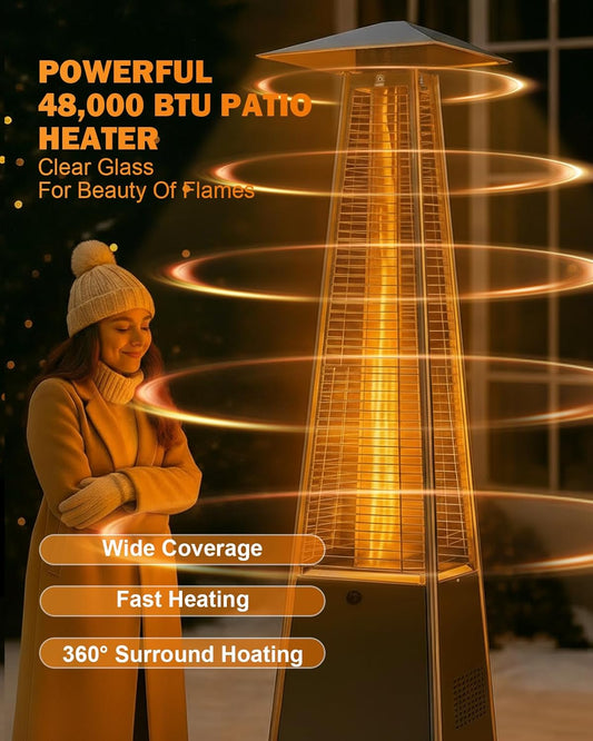 Patio Heater With Glass Tube, 48000 BTU Propane Patio Heaters For Outdoor Use With Cover & Wheels, Commercial Outdoor Heater For Patio Backyard, Multiple Protection System (Gray) (1 heater)