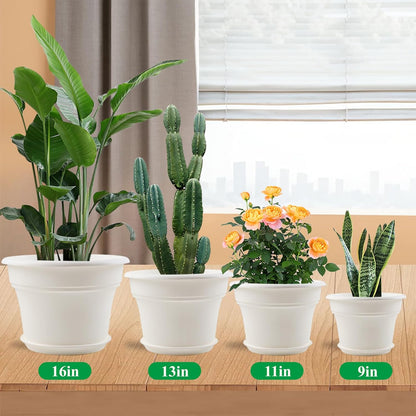 11 Inch Plastic-Flower-Pot-for-Indoor-Plants, 4 Pack Large Outdoor Planter Pot with Drainage Holes & Saucers, Resin Decorative Garden Pots Planters