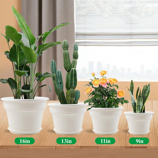 11 Inch Plastic-Flower-Pot-for-Indoor-Plants, 4 Pack Large Outdoor Planter Pot with Drainage Holes & Saucers, Resin Decorative Garden Pots Planters