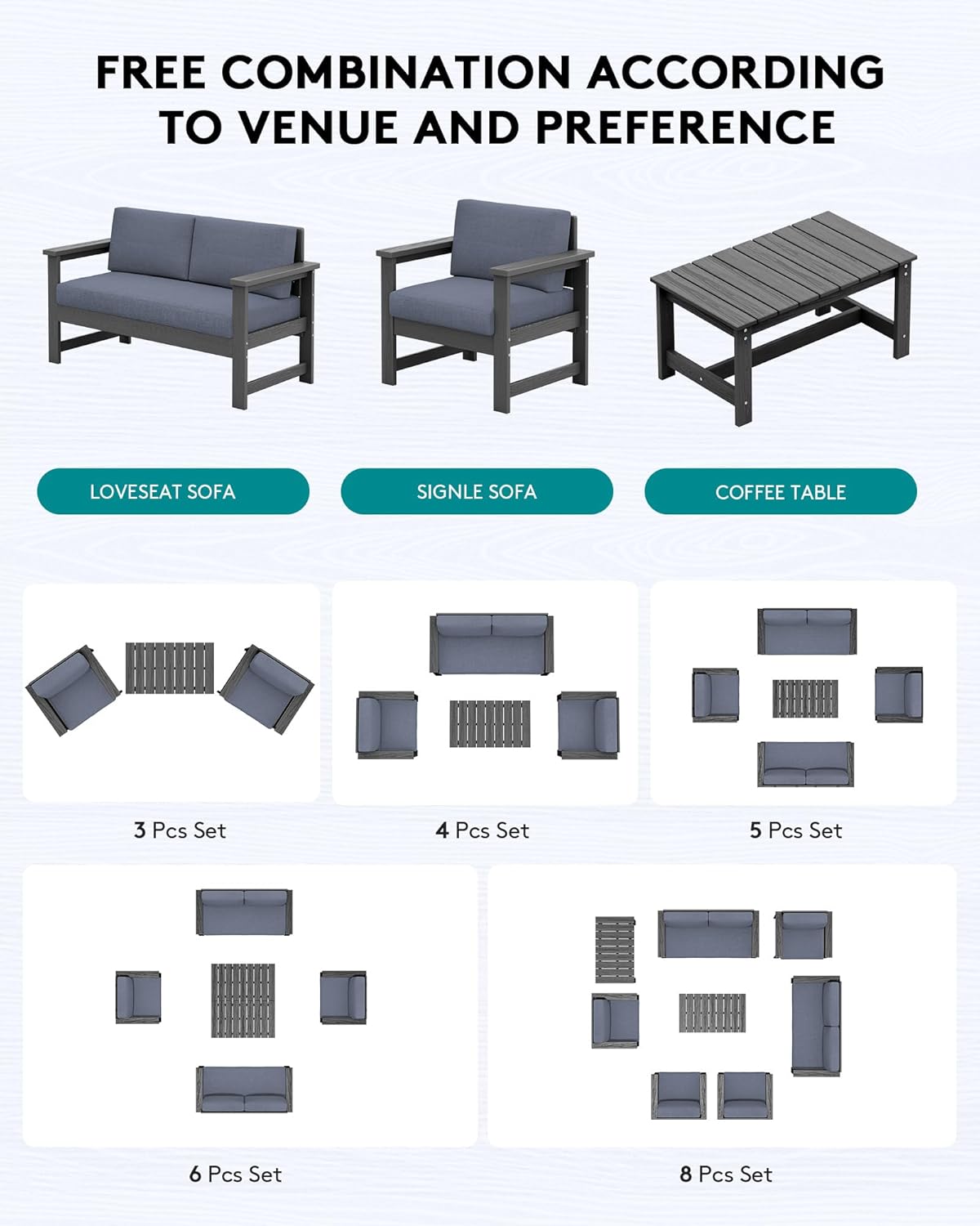 SERWALL 2 Pieces Single Cushioned Sofa Chair, Grey HDPE Outdoor Adirondack Lounge Armchair with Grey Cushion