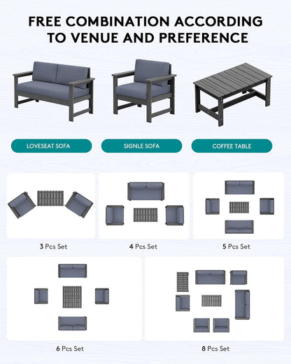 SERWALL 4 Pieces HDPE Outdoor Sofa Set with Cushion, All Weather Use Conversation Couch Set, Outdoor Loveseat Social Furniture with Coffee Table and Cushions, Grey Frame with Grey Cushions