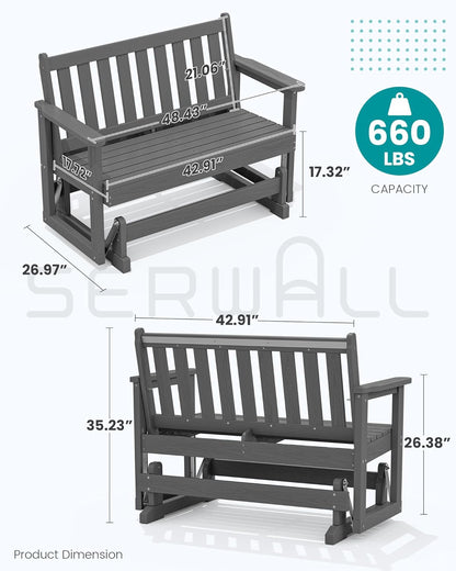 SERWALL Outdoor Glider Rocking Chair, HDPE All-Weather Resistant 2-Person Loveseat, Outdoor Rocking Bench Chair with 660LBS Capacity for Backyard Garden Porch, Grey