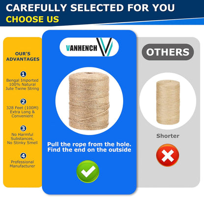 Vanhench Jute Twine 3mm x 328ft (100m), Jute Rope for Crafts Gardening Garden Plant Gift Wrapping Arts & Crafts Art Decoration Packing Material Christmas Twine Bulk Heavy-Duty (Brown)