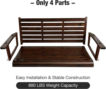 Wooden Porch Swing, Ergonomic Seat, Bench Swing with Hanging Chains and 7mm Springs, Heavy Duty 880 LBS, for Outdoor Patio Garden Yard (Dark Brown, 2-Seater Extra Large)
