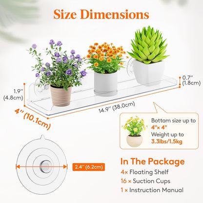 Lifewit Window Plant Floating Shelves 15 x 4 inch, 4 Pack Acrylic Suction Cup Shelf, Window Sill Extender for Indoor Succulent Plants, Micro Greens, Seed Starter Pots, Herb Planters