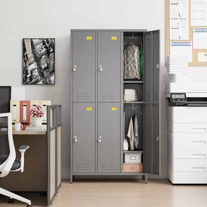 6 Doors Metal Lockers for Employees with 6 Shelves and 18 Hooks, Storage Locker with Business Card Holder for Office Gym School Bedroom, Assembly Required, Dark Gray