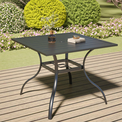 Anumutig 5-Piece Patio Dining Set, 35-Inch Square Table with 4 Stackable Chairs, Black Frame with Red Mesh, Outdoor Furniture