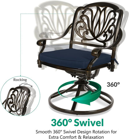 VIVIJASON 3-Piece Patio Furniture Dining Set, Outdoor All-Weather Cast Aluminum Bistro Set, Include 2 Swivel Chairs and 31" Round Table w/Umbrella Hole for Balcony, Lawn, Garden (Navy Blue Cushion)