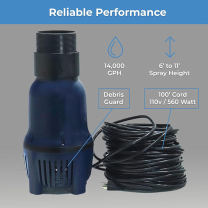 Custom Pro FT 14000 Floating Pond Fountain and Aerator Complete Kit with 14,000 GPH Pump, 100 Foot Power Cord, 3 Spray Styles | 100% US-Based Customer Service and Warranty