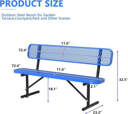 6 Feet Heavy Duty Metal Park Bench for Outside, Outdoor Steel Bench with Backrest & Portable Frame, Commercial Benches for Shopping Malls/Stores/Parks/Patios/Decks/School