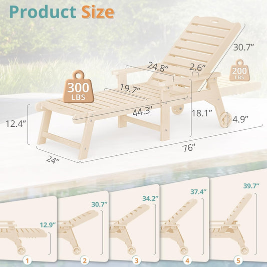 LUE BONA Outdoor Chaise Lounge Chairs Set of 2, HDPS Chaise Lounger, 5 Positions Adjustable Lounge Chairs, Pool Lounge Chair with Wheels for Poolside, Backyard, 3 Year Warranty, Sand