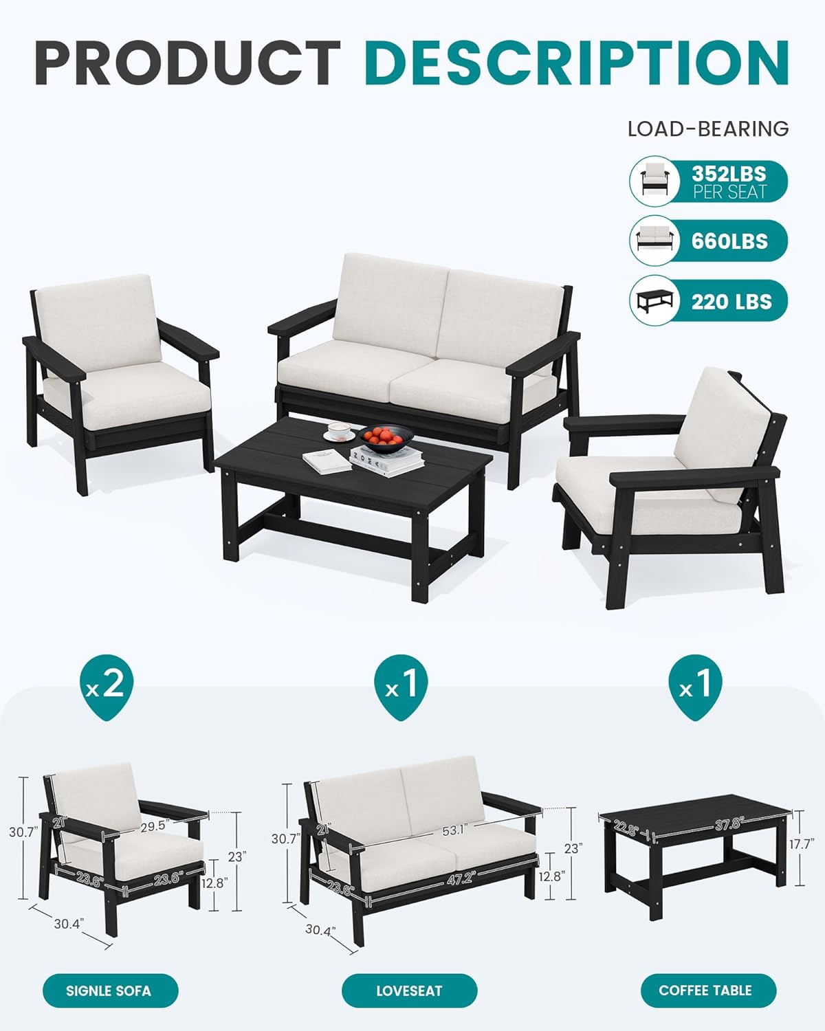 SERWALL HDPE Patio Furniture Set with 15FT Double Side Patio Umbrella, All Weather Wood-Like Outdoor Sofa Sectional Couch, Black Patio Furniture with Khaki Cushions